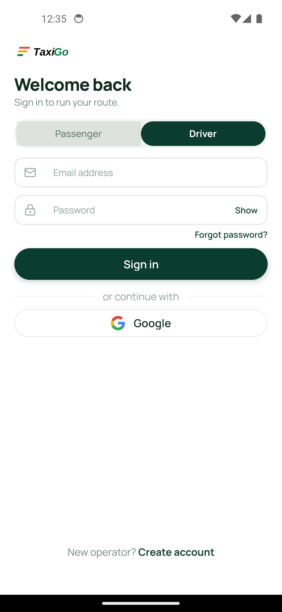TaxiGo Android sign in screen